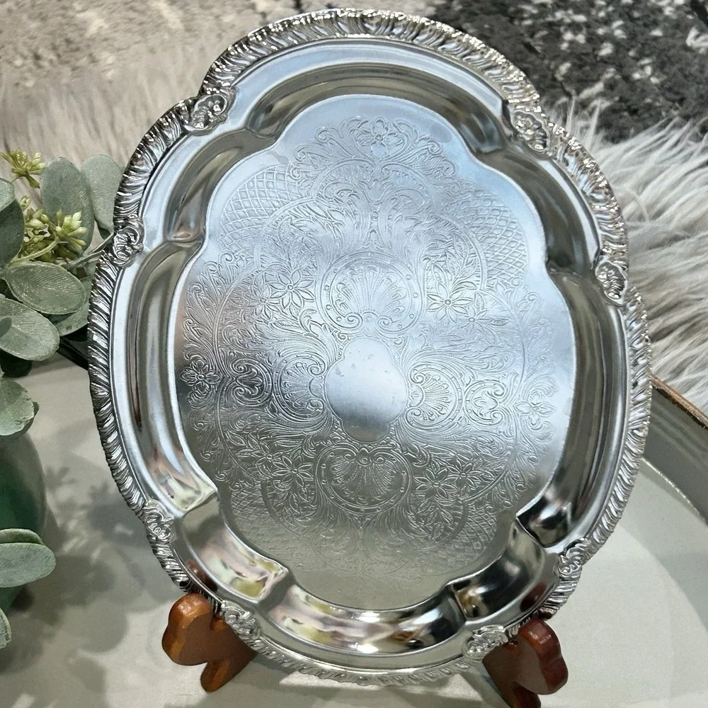 Vintage Chrome Serving Tray Ornate Floral Oval Platter 6.5